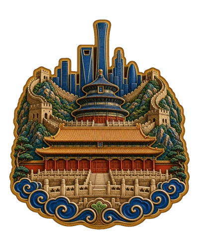 北京勋章，金色宫阙、天坛与长城的绘制细节